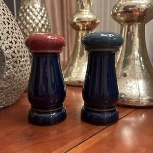 Denby Harlequin Pair of Tall Salt & Pepper Shakers Blue W/Red & Green Tops 5.5”
